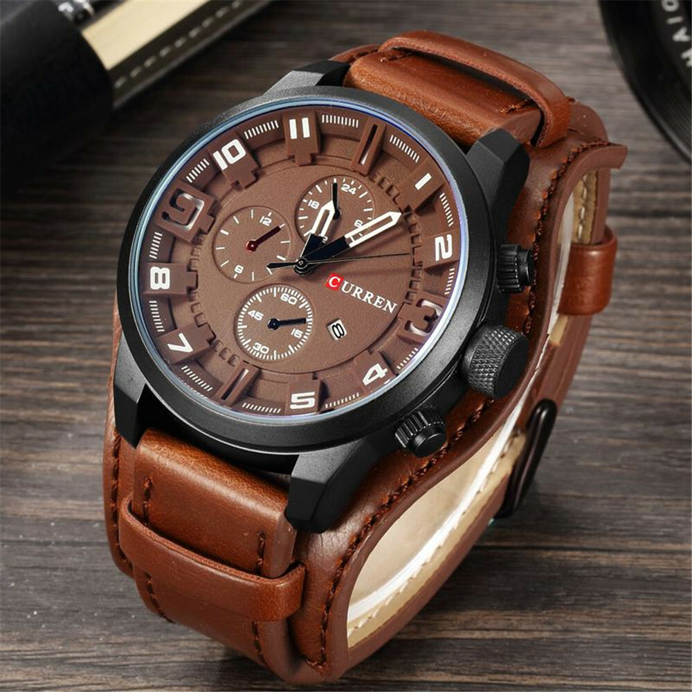 CURREN Men Quartz Watch Large Dial Fashion Leather Male Military Wristwatch Gift