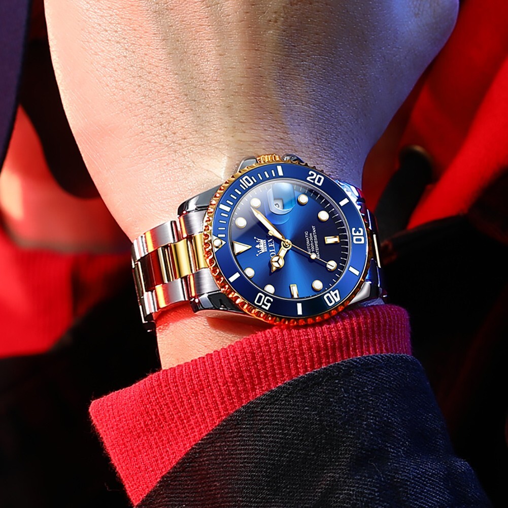 Men Tourbillon Mechanical Luminous Watch Date Day Month Indicator Watch blue