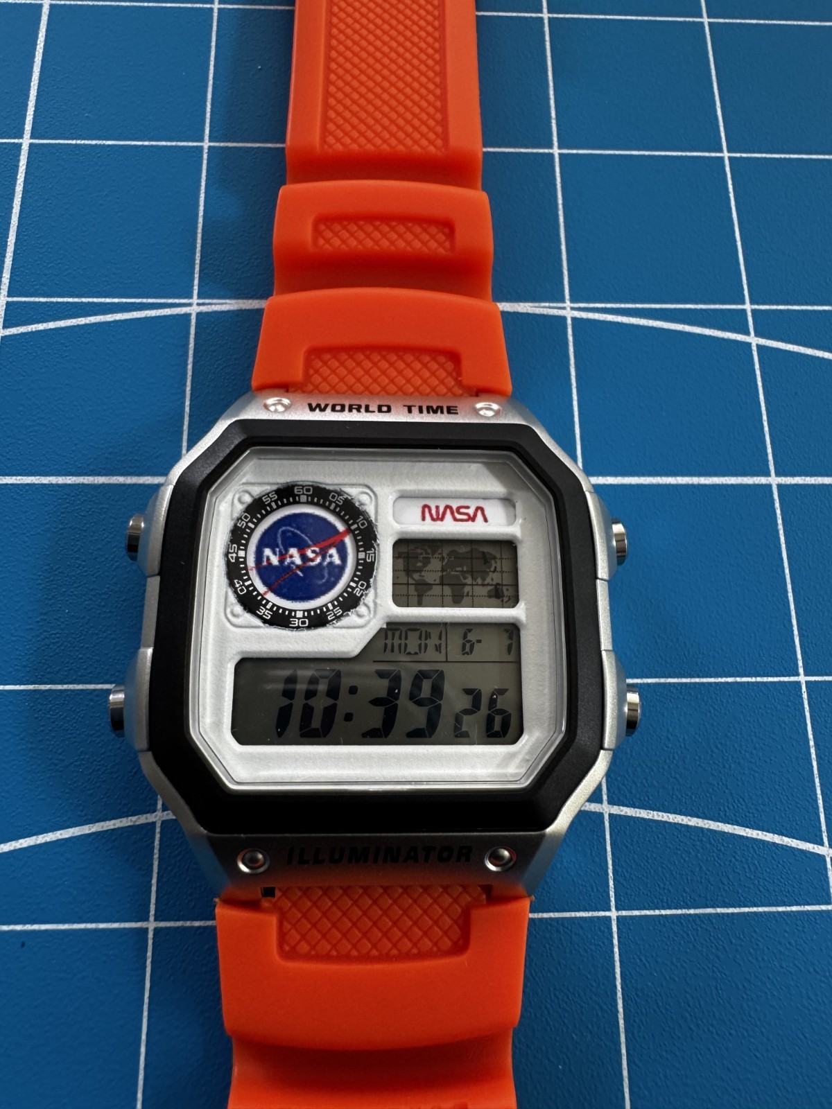 Casio AE1200WHD Royale World Time Watch – Custom NASA Mod – Orange Band – Silver