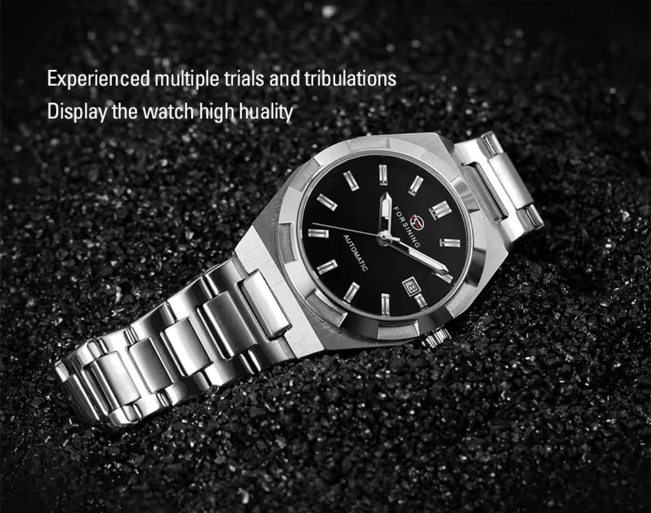 Forsining Black Automatic Watch 41mm Expedition Caseback 3bar Stainless Steel