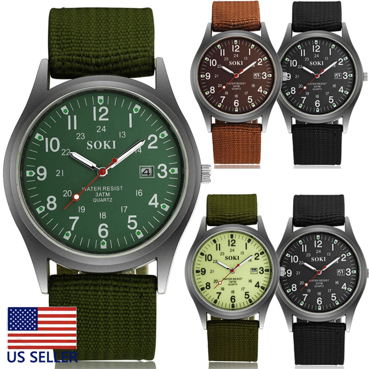 2x Men’s Army Luminous 24-Hour Dial Nylon Strap Date Quartz Watch green and bule