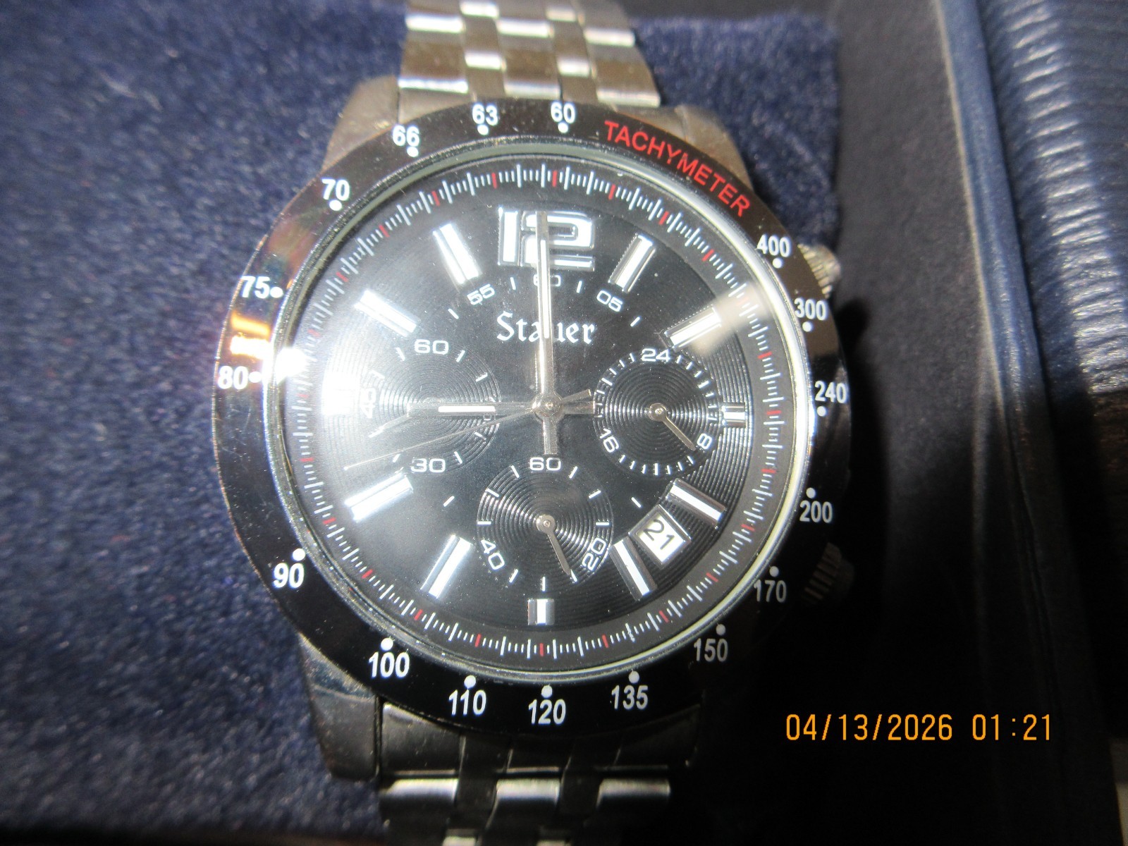 STAUER~ JET SETTER~ MEN’S CHRONOGRAPH WATCH~BOX, INSTRUCTION & CLEANING CLOTH