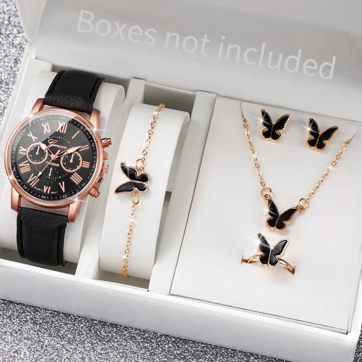 5/6pcs Women’s Quartz Watches Leather Band Heart Rhinestone Set
