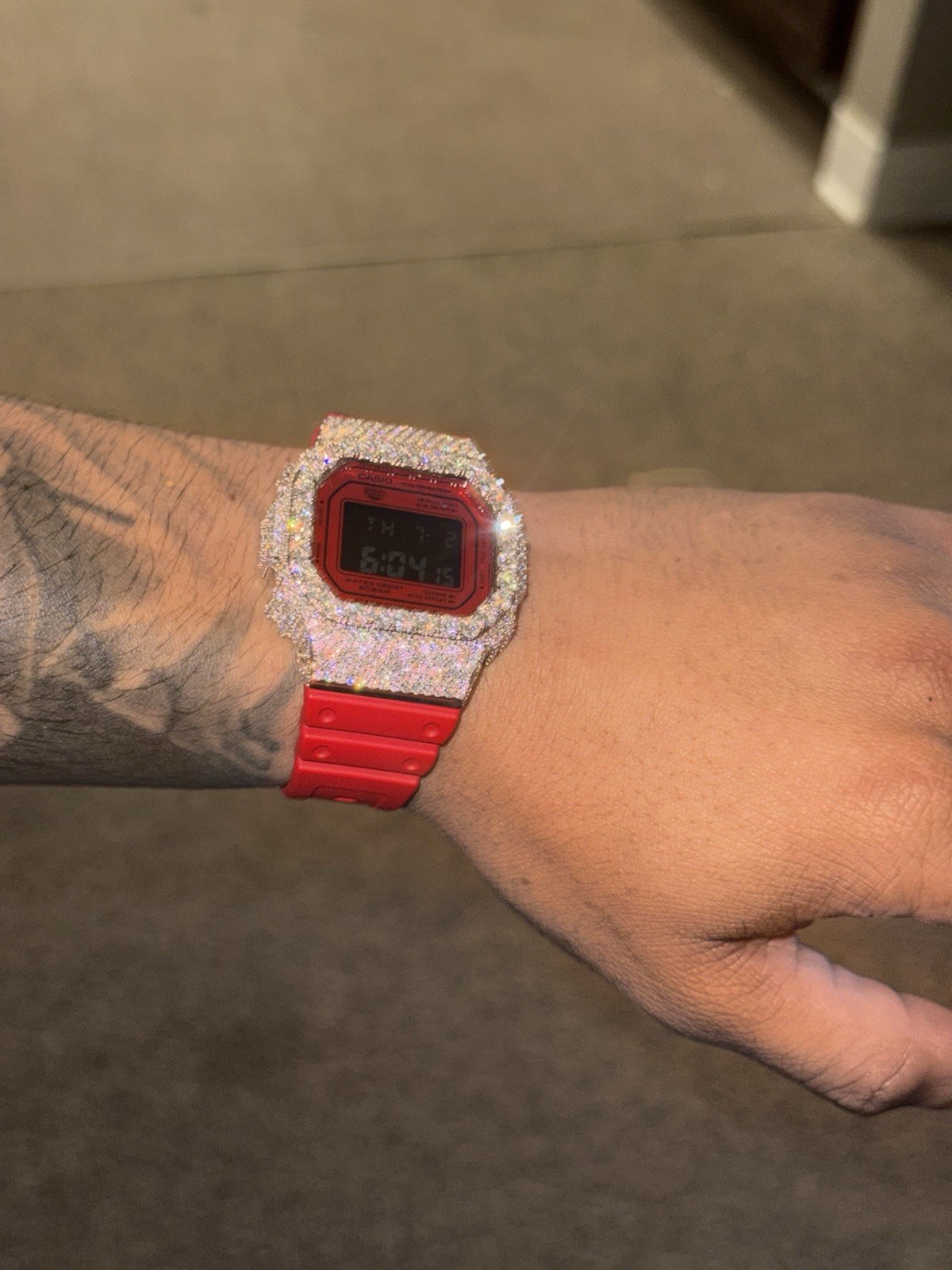 Casio G-SHOCK Digital 200m DW-5600 Red Resin Strap Custom Iced Bezel w/Box
