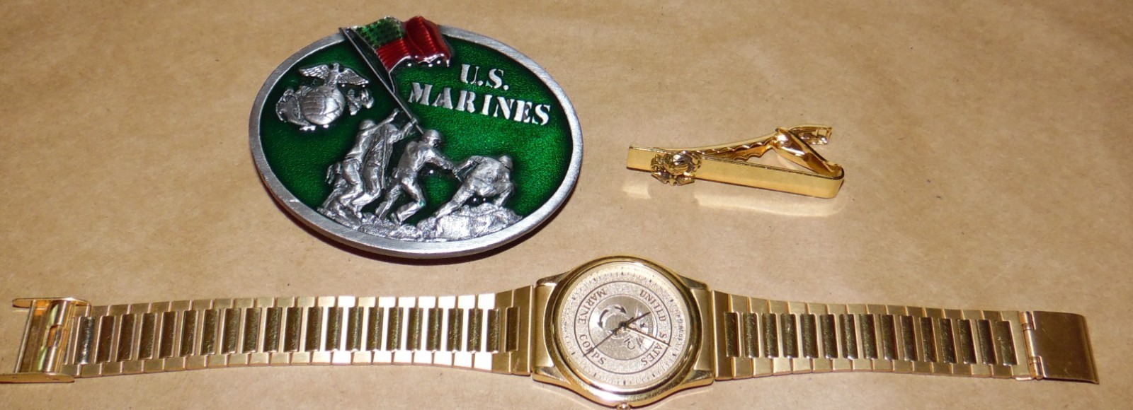 Vintage Helbros United States Marine Corps Gold-Tone Watch + BELT BUCKLE + CLIP