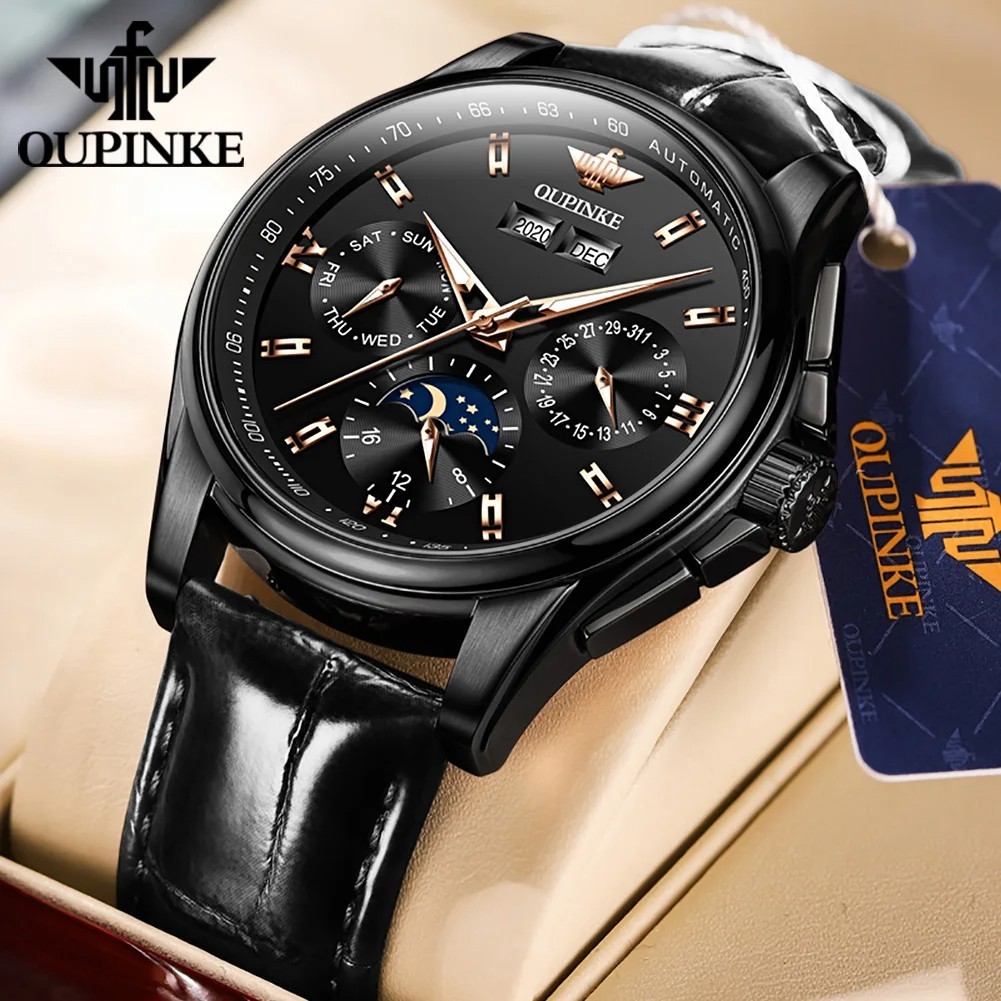 Automatic Mechanical Watch Waterproof Moon Phase Luxury Men Men’s Strap