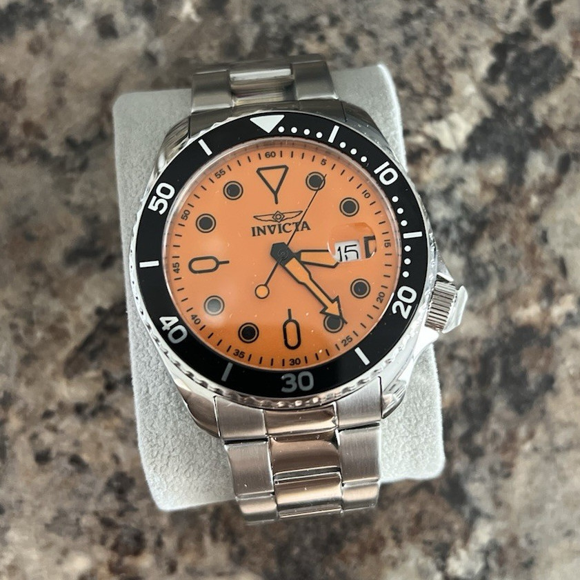 Invicta Pro Diver 200m Orange Dial SS Bracelet Date Black Bezel