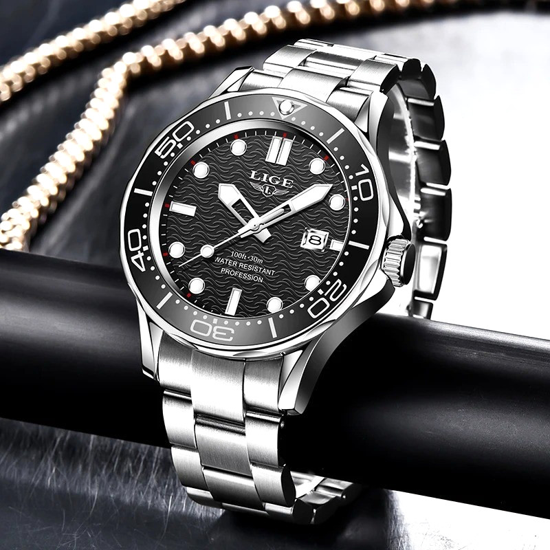 44MM LIGE Luxury Quartz Watch Men’s Diver Stainless 30M Waterproof Luminous NEW