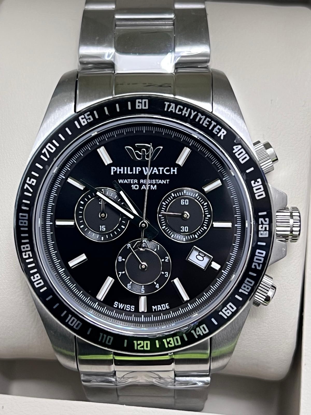 Philip Watch Caribe Men’s Watch Chronograph Black 42mm Steel New