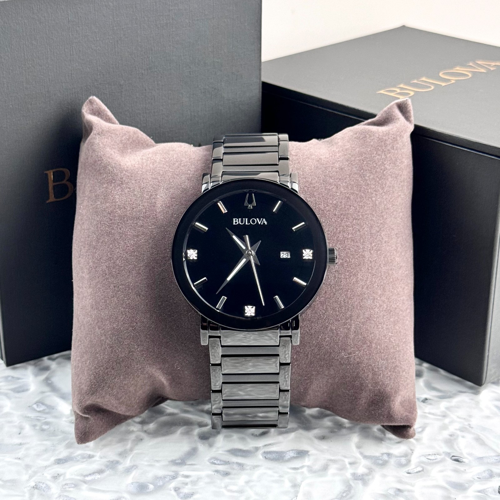 BULOVA Men’s Futuro Modern 98D144 Black Quartz Diamond Calendar Watch 42MM