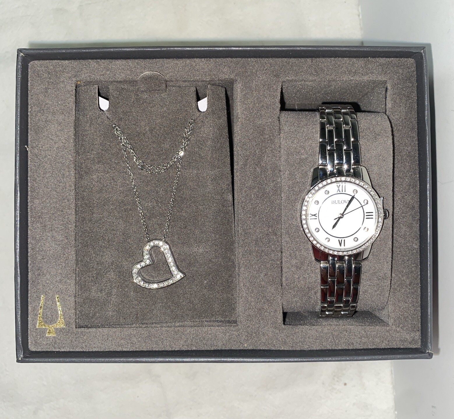 Bulova Crystal Watch and Heart Pendant Necklace Gift Set 96X144