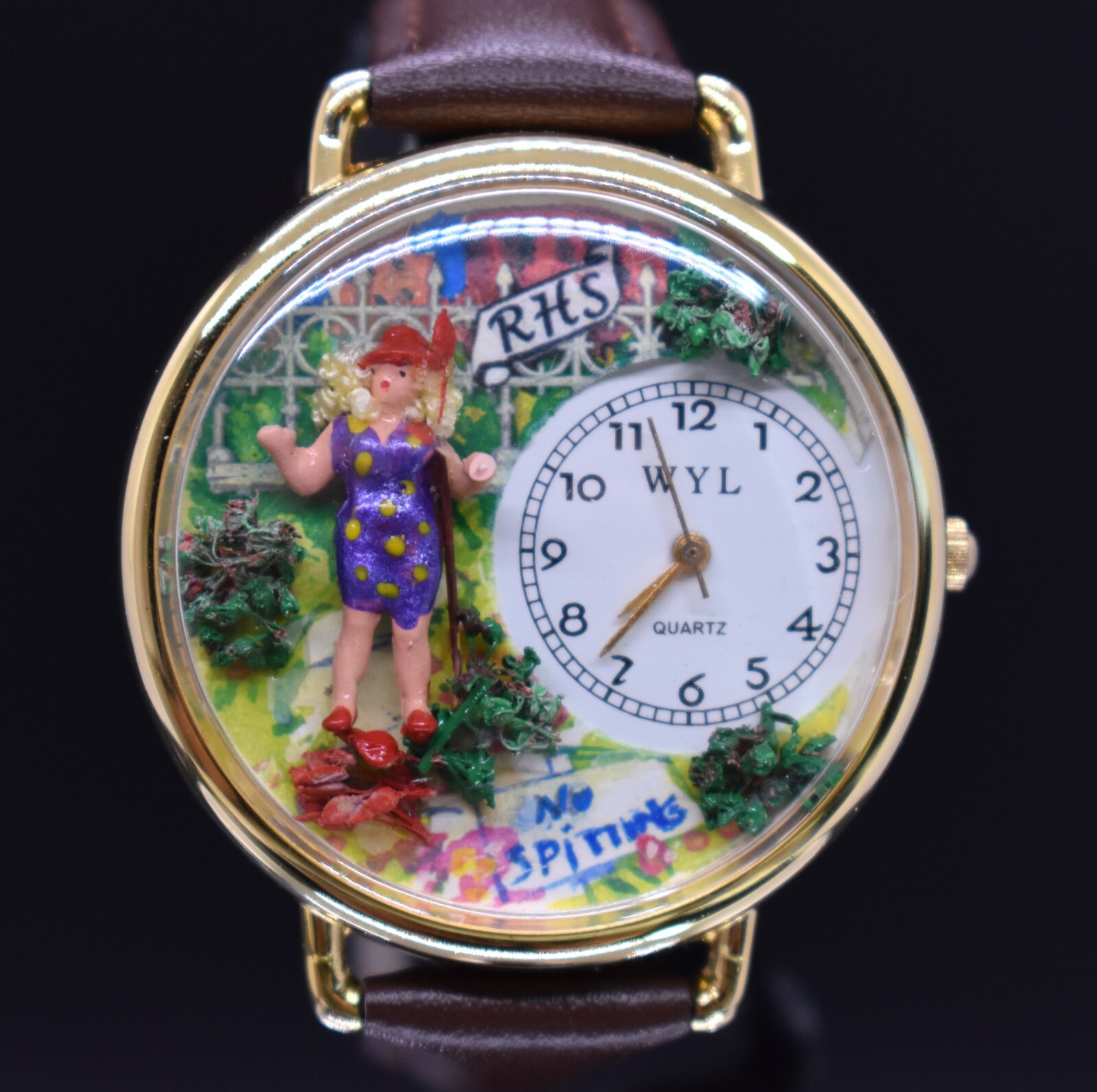 Vtg WHIMSICAL WYL Watch Women Garden RHS Gold Tone Leather NEW BATTERY & BAND