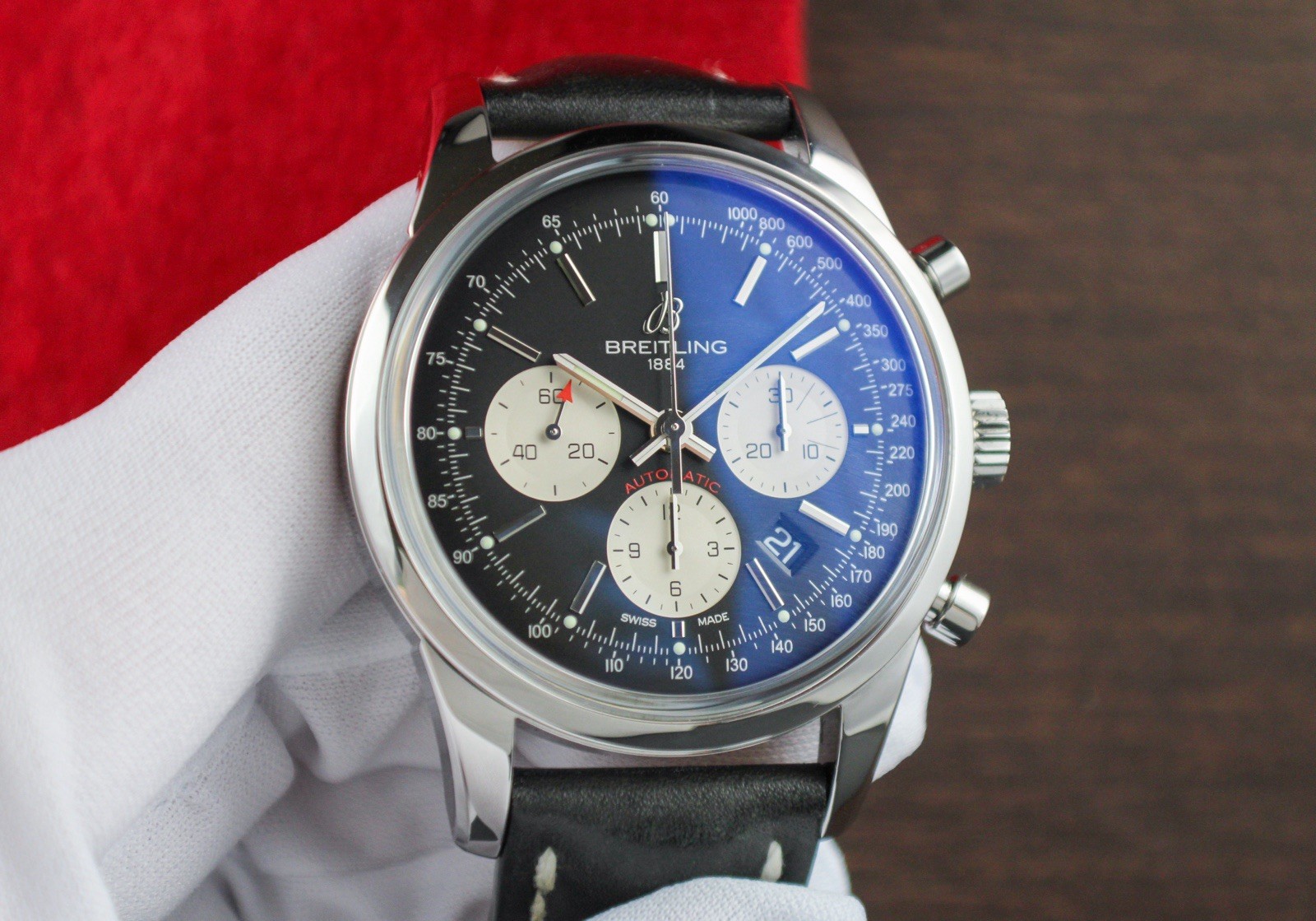 Breitling Transocean AB0152 Stainless Steel Chronograph Box 43mm Black White Red