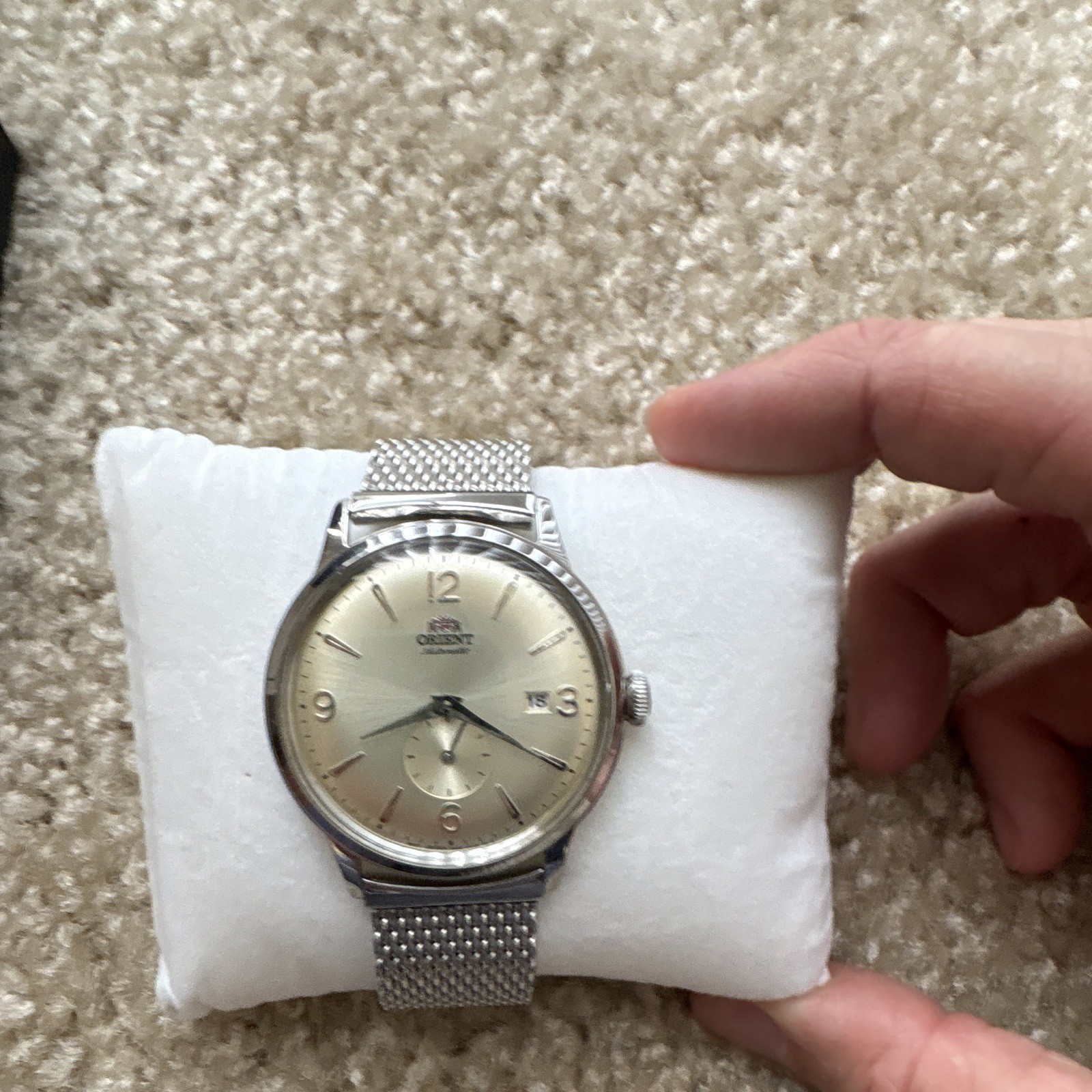 Orient Bambino Automatic Watch Beige Dial Date Mesh Bracelet + Leather Strap