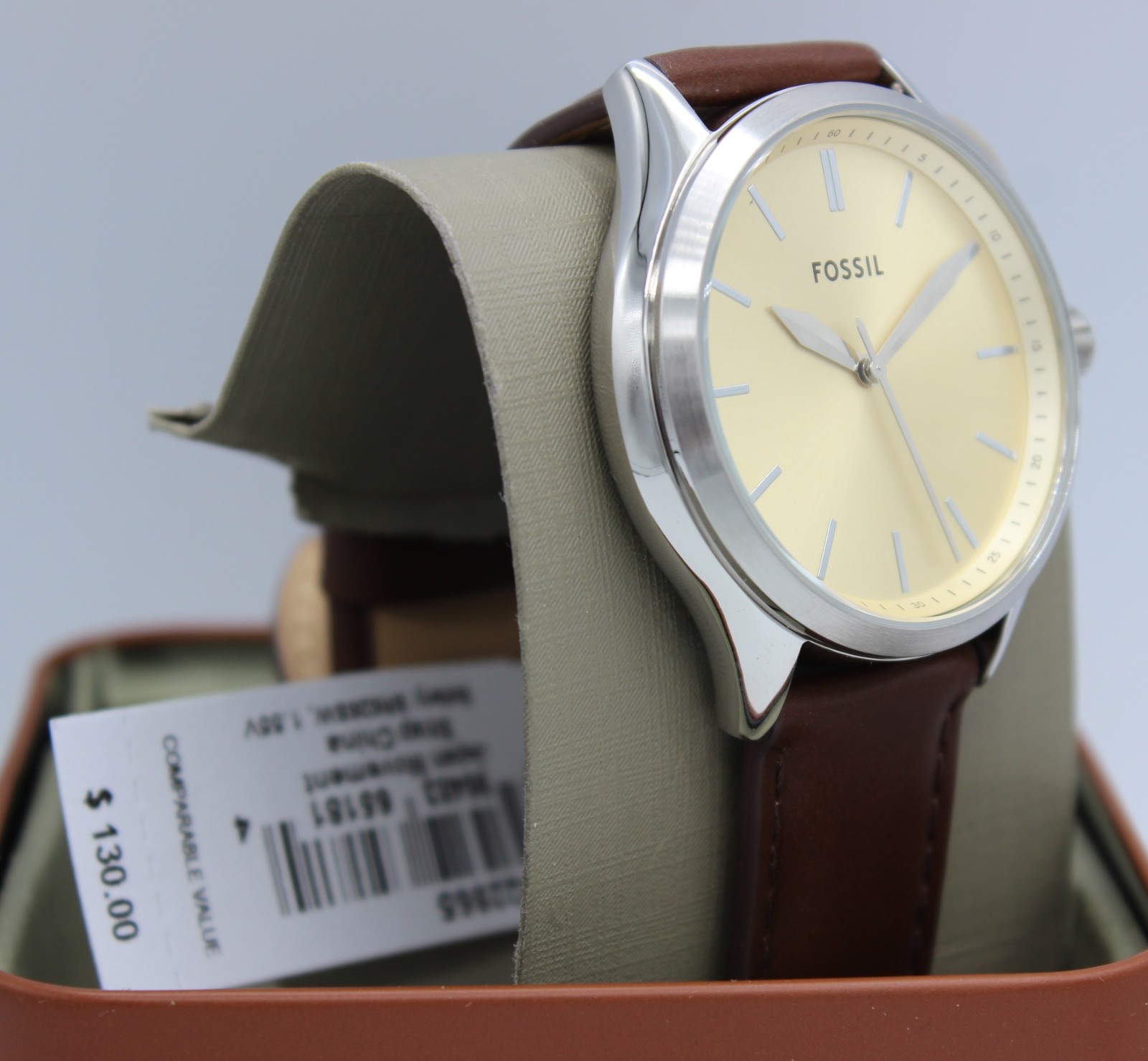 New Authentic Fossil Fenmore Midsize Slim Silver Cream Brown Men’s BQ2865 Watch