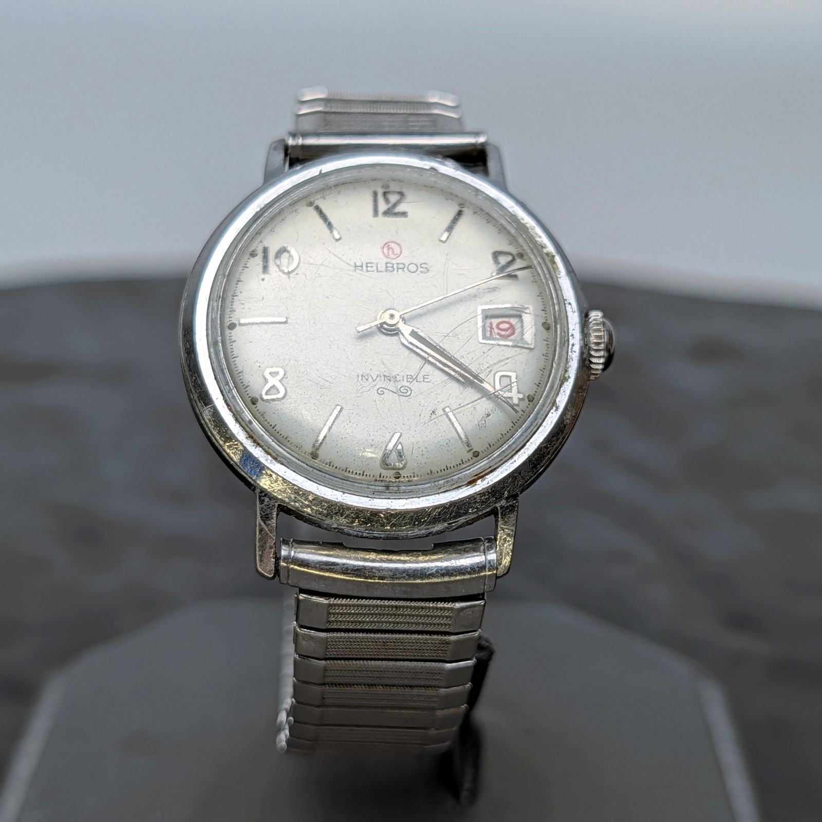 Helbros Invincible silver Mechanical Automatic Watch Swiss 7j 33mm VTG Working