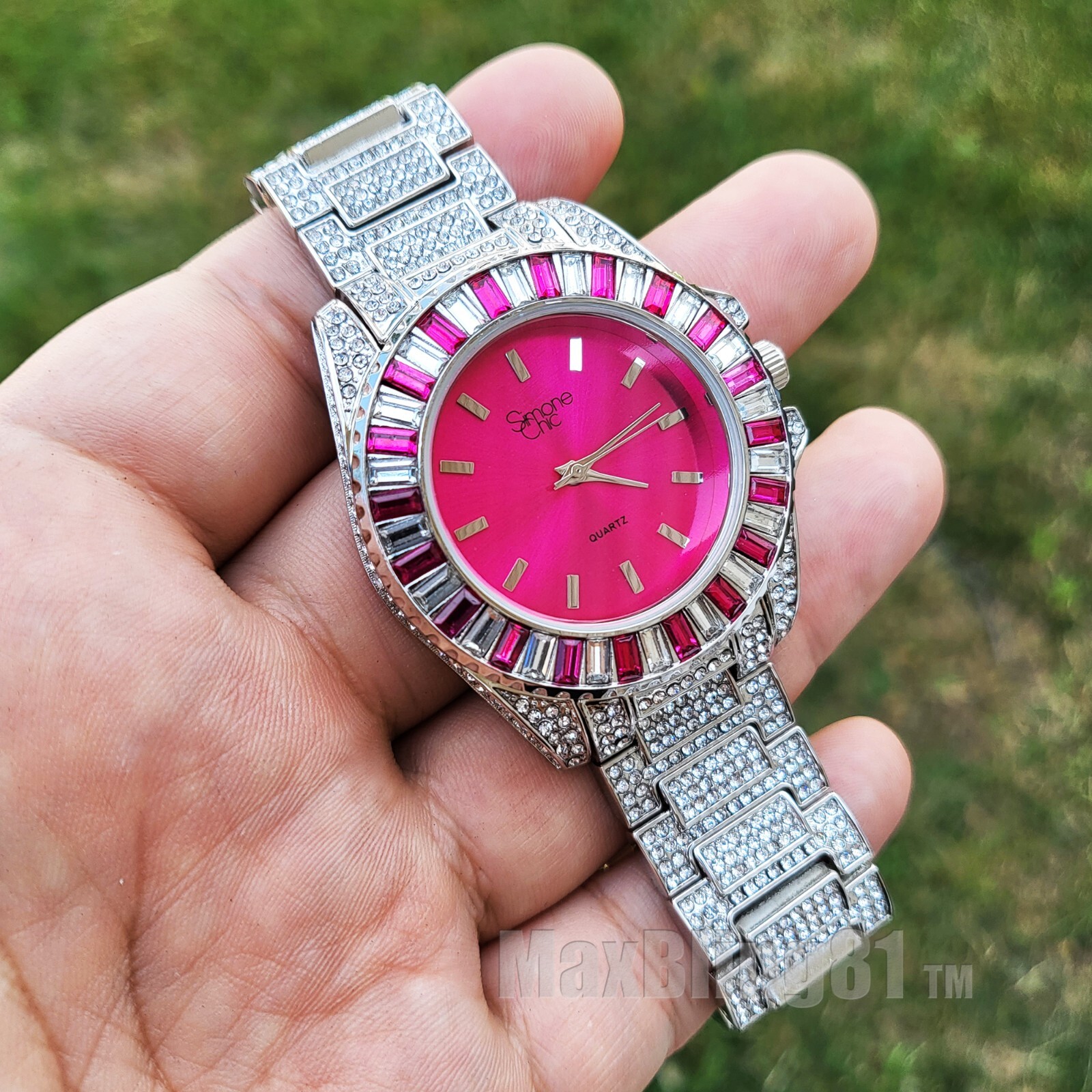 Women’s Hip Hop Iced Silver Plated Pink Cubic Zirconia Metal Band Luxury Watch