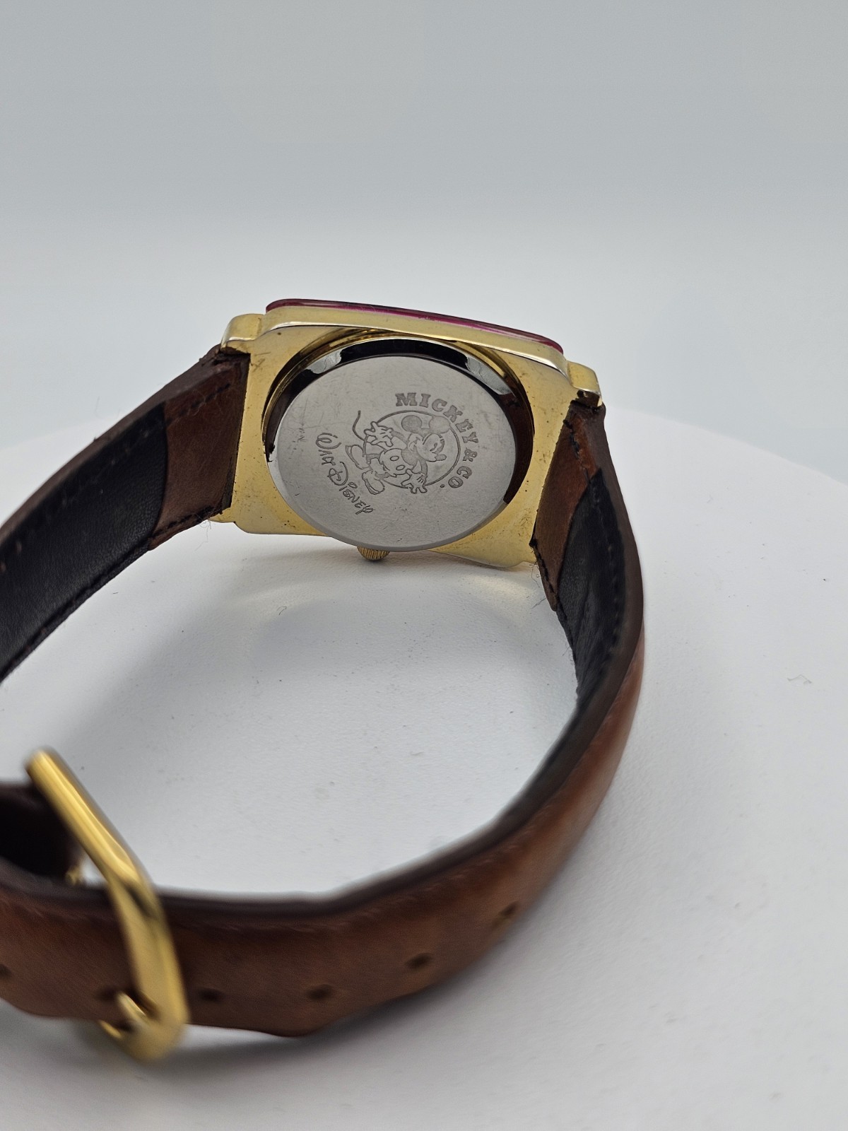 Disney Mickey Mouse Quartz Rectangle Red/Gold Tone Case Brown Leather Strap 25mm