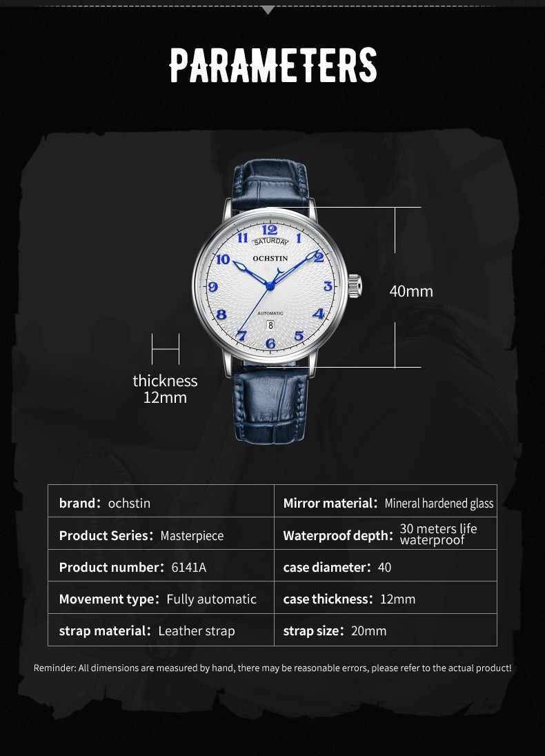 OCHSTIN Men’s Automatic Mechanical Watch Business 3ATM Day Date Leather Strap