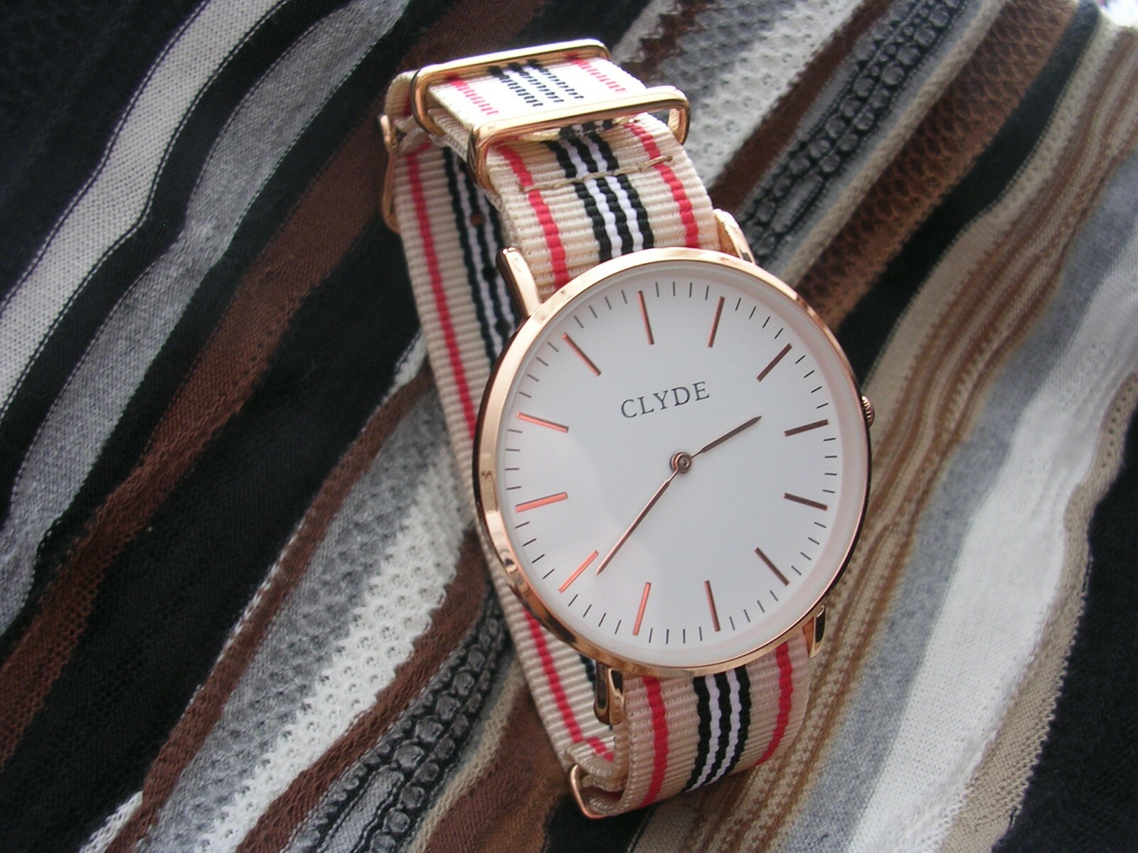 Clyde Minimalistic Gold Designer Fashion watch NATO® multi color nylon strap USA