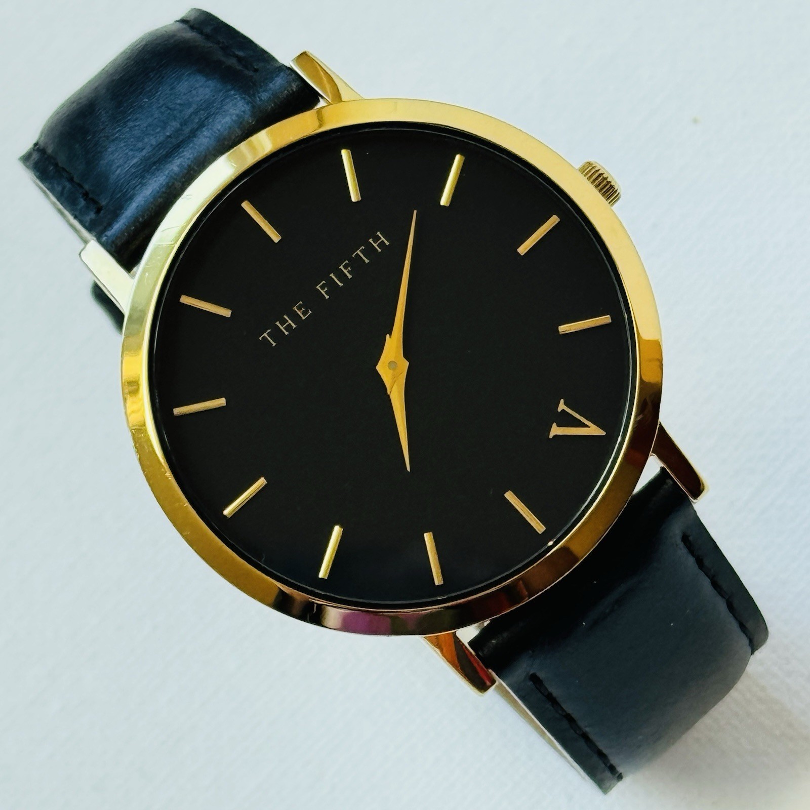 The Fifth 41mm Men’s Minimalist Watch Gold Black Dial Leather ab