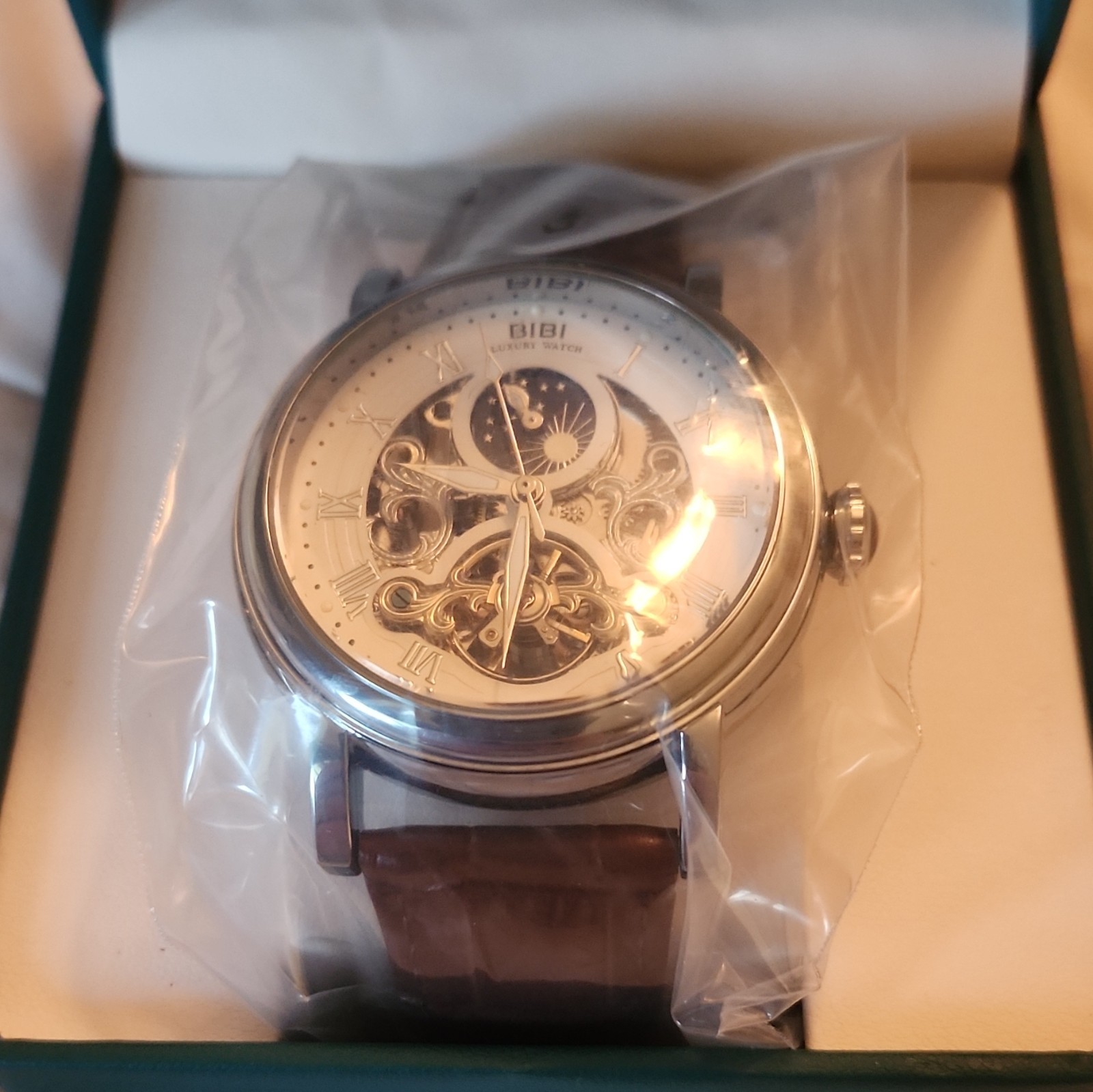 BIBI Luxury Automatic Skeleton Watch Silver Stainless Case Brown Leather Box