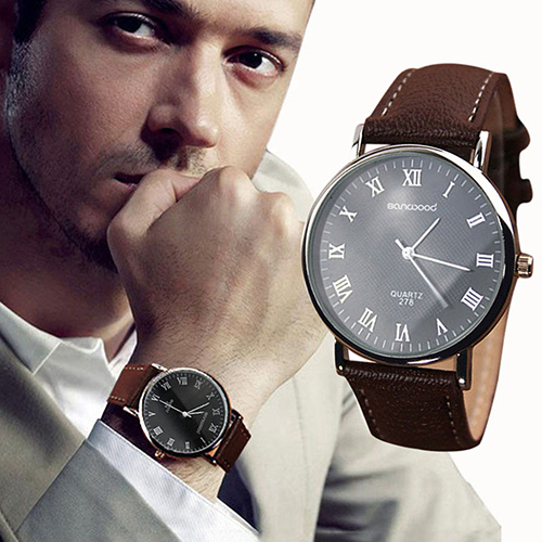 Men’s Black Dial Contemporary Analogue Quartz Watch with Grained Leather Strap