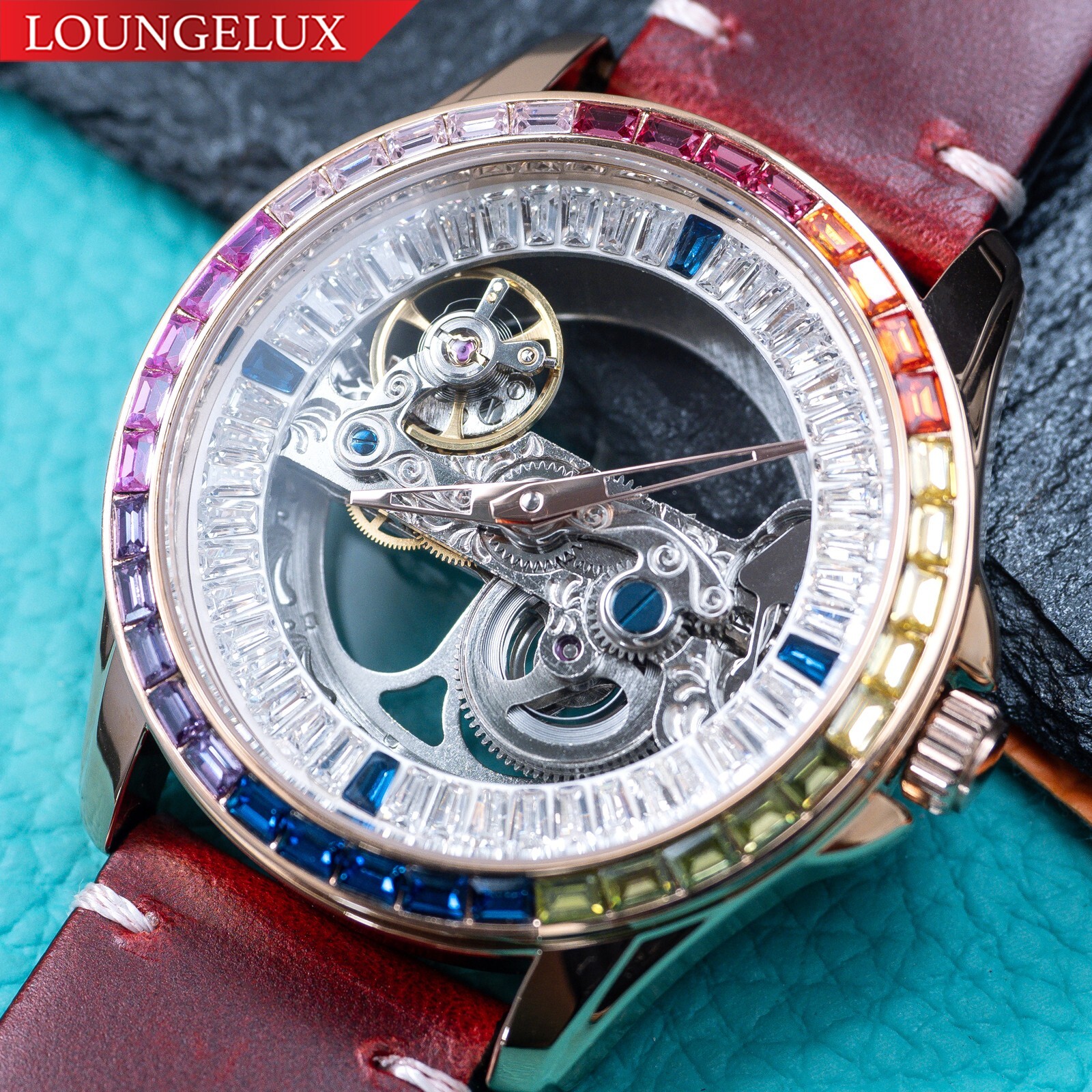 Mens Rose Gold Automatic Mechanical Watch Rainbow Cubic Oil Waxed Dark Red