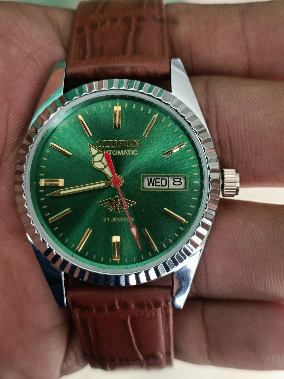 Citizen Automatic Green Dial Day/Date 21 Jewels Stainless Steel Mens Wrist Watch