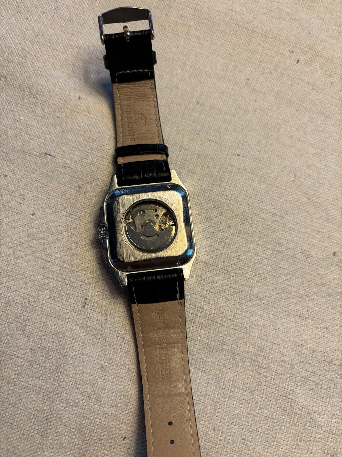 JARAGAR Automatic Square Watch White Roman Dial Black Leather Strap