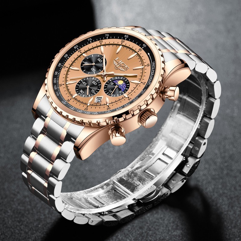 LIGE Men Watch Quartz Date Moon Phase Chronograph 3ATM Waterproof Man Wristwatch