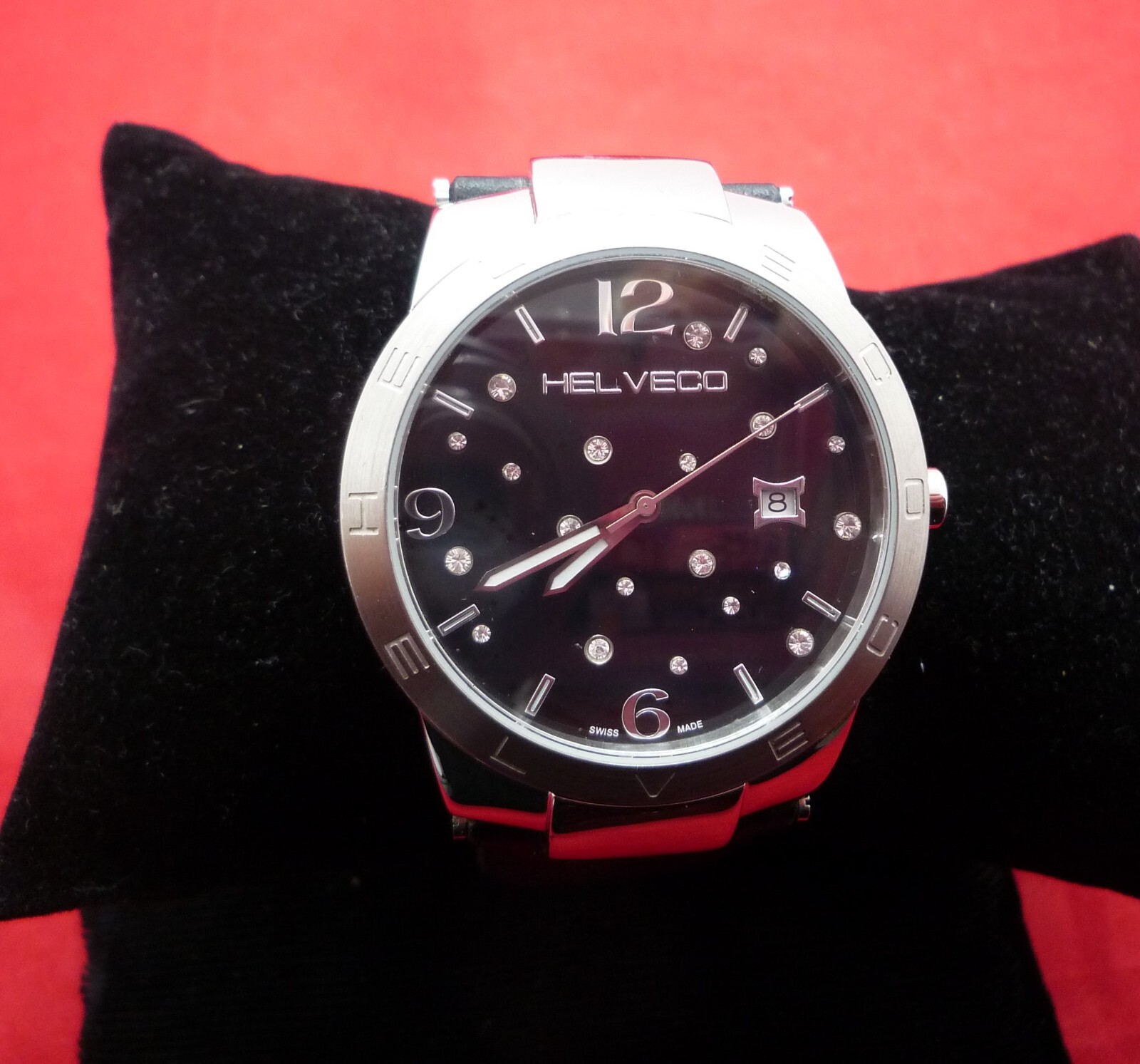 Swiss Made Helveco H02-1 Black Wristwatch Leather Strap Deployment Clasp Gemmed