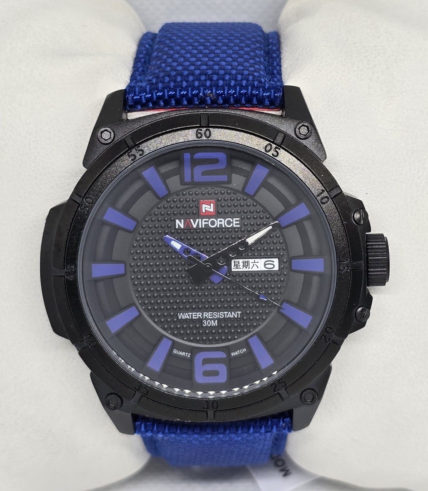 Men’s Naviforce NF9066M Round Black Dial Date/Day Blue Nylon Strap Watch 08