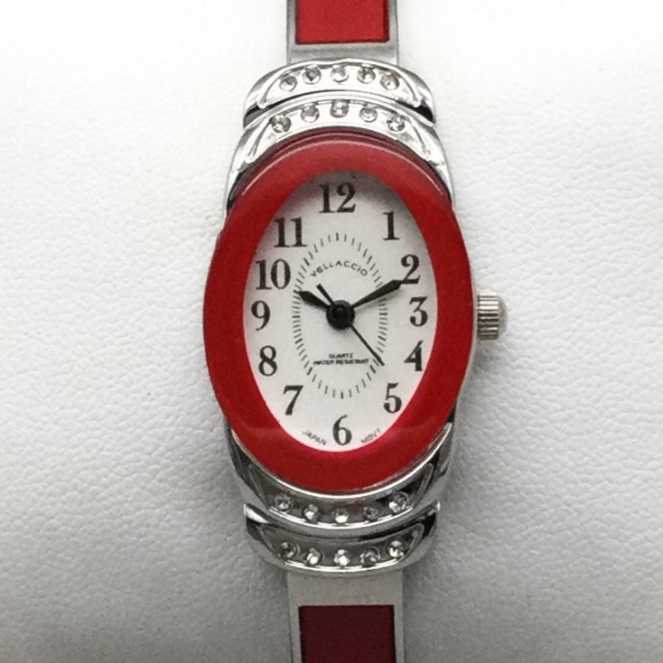 Velaccio Watch Womens 20mm Silver Tone Red Oval Bracelet New Battery 6.5″