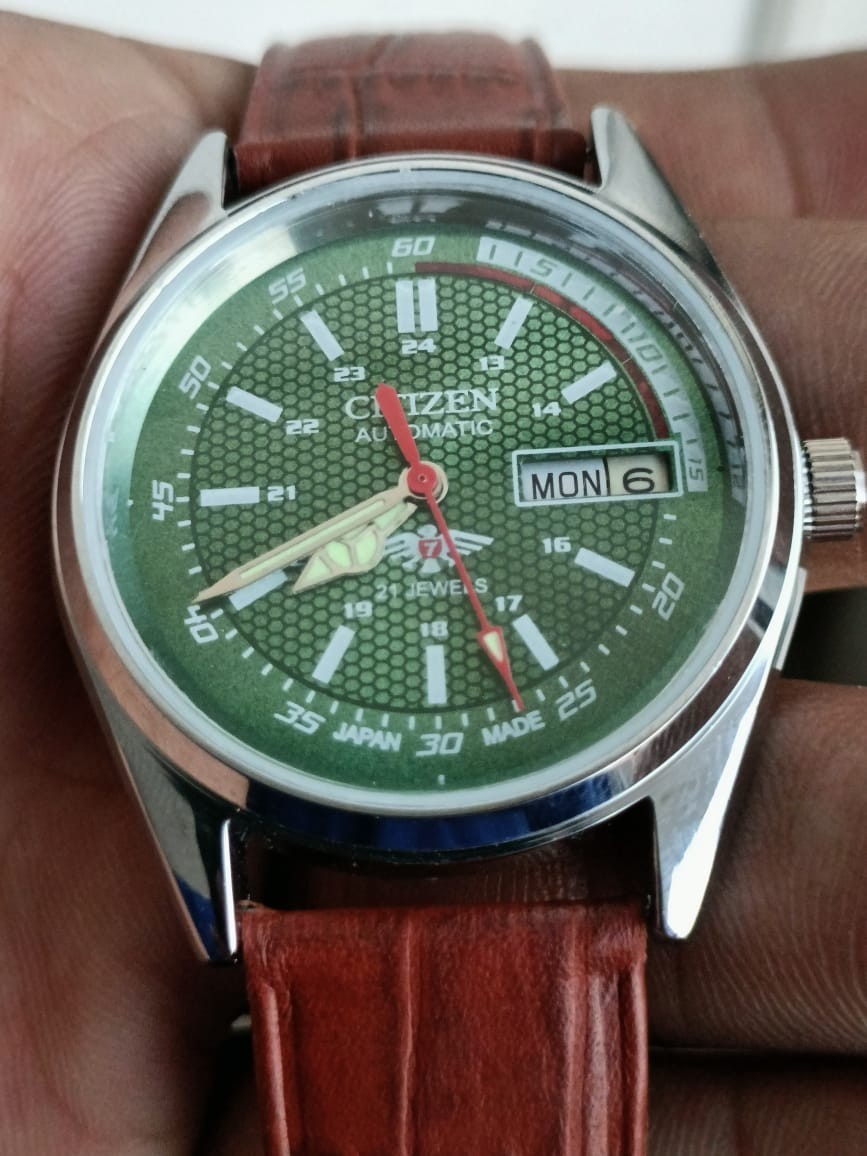 Citizen Automatic Green Dial Day/Date 21 Jewels Stainless Steel Mens Wrist Watch