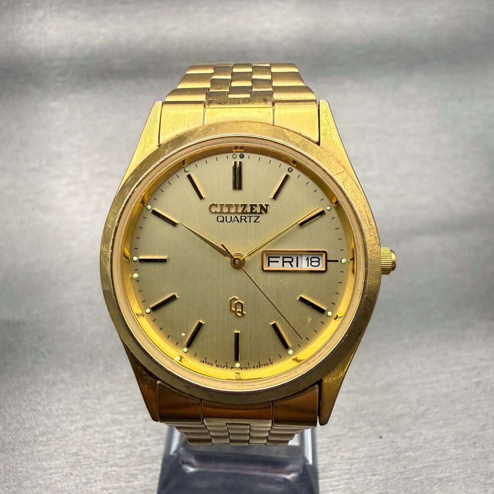Citizen CQ Watch Men 35mm Champagne Dial Gold Tone Daydate 6101-R06501 New Batt