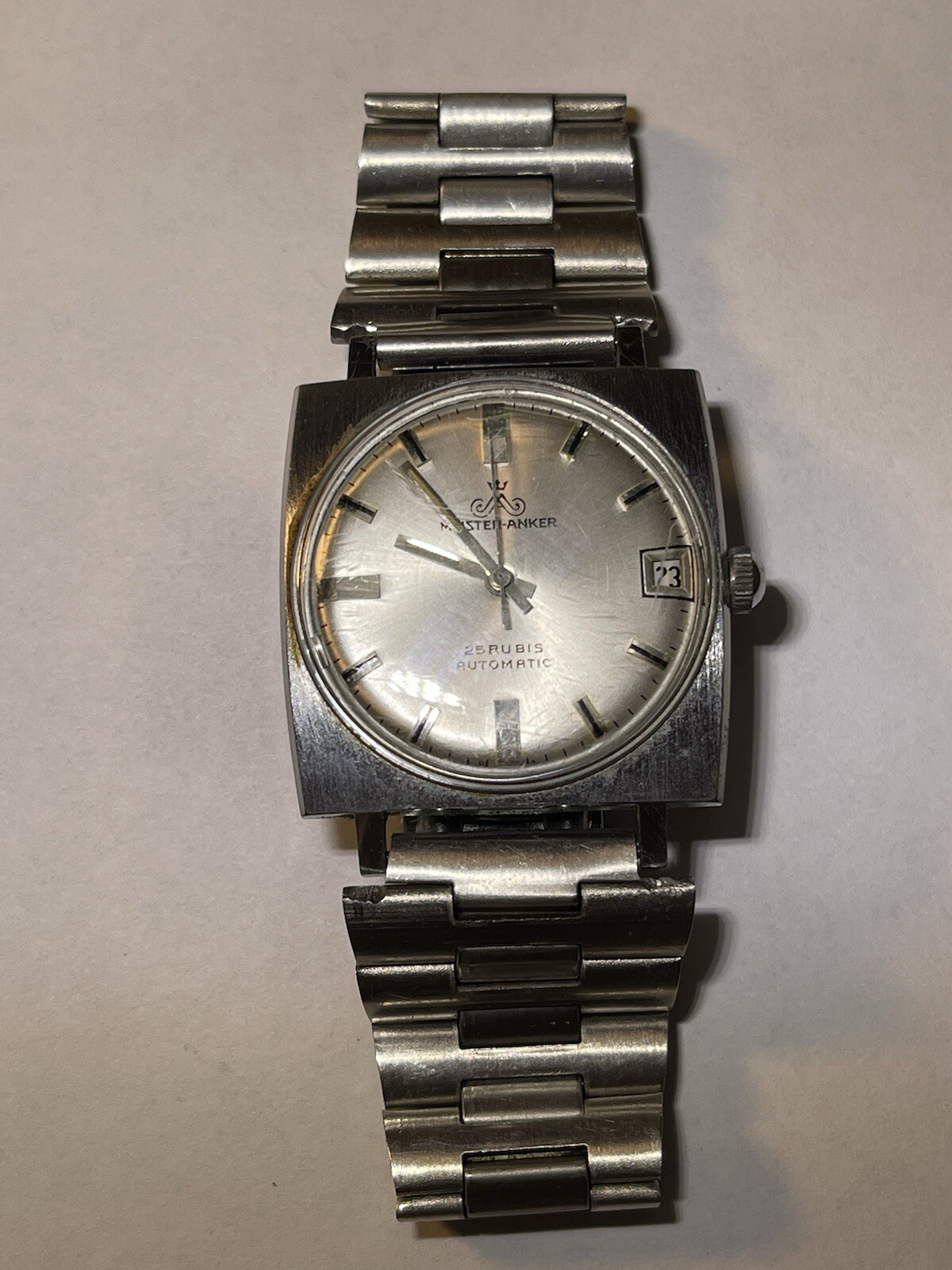 Meister Anker 1960s Auto Silvertone Bracelet Watch 25 Jewels Date- Runs See Note
