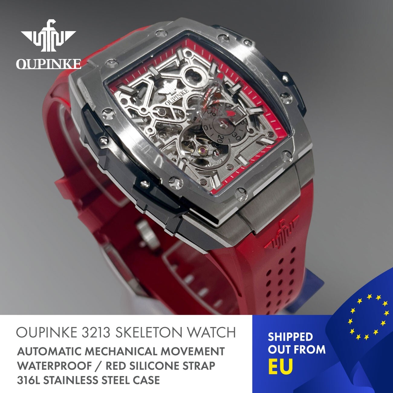 OUPINKE 3213 Skeleton Automatic Mechanical Waterproof Watch . Red edition.