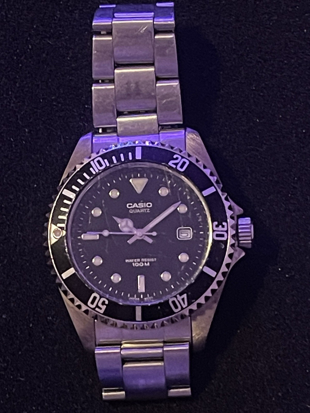 Casio Men’s Quartz Diver Watch Black Dial Date Steel Bracelet 100m Rotating