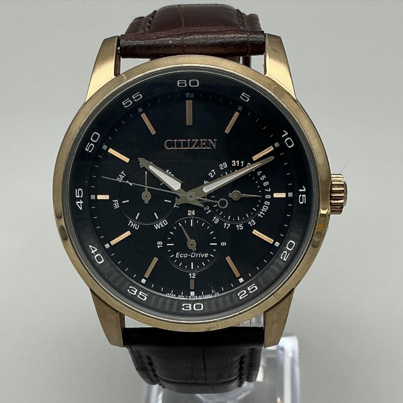 Citizen Eco-Drive Mens Watch 44mm Black Dial Brown Leather 8729-S093040 Day Date