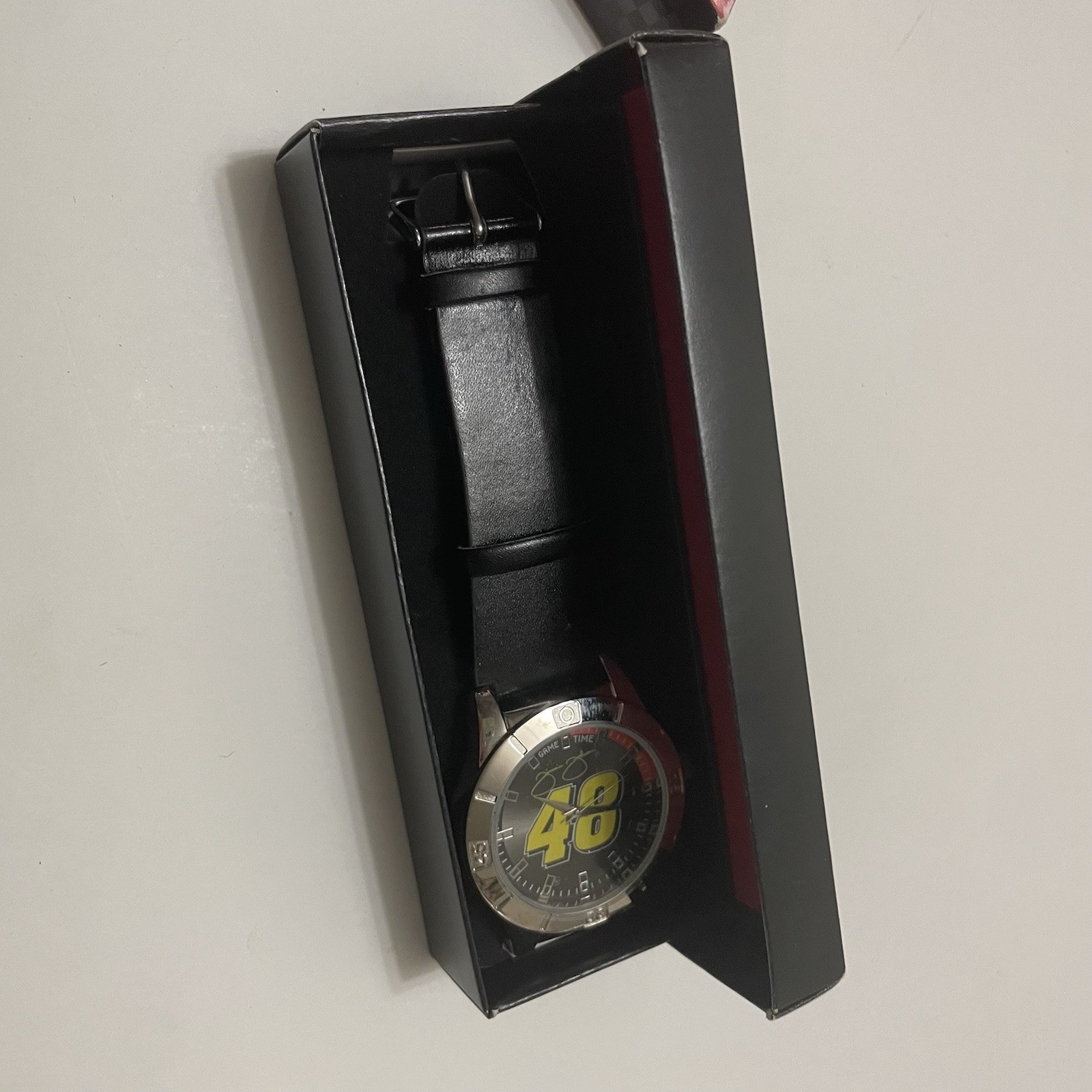 New JIMMY JOHNSON Game Time #48 NASCAR Silver Tone Watch Black Band Avon w/ Box