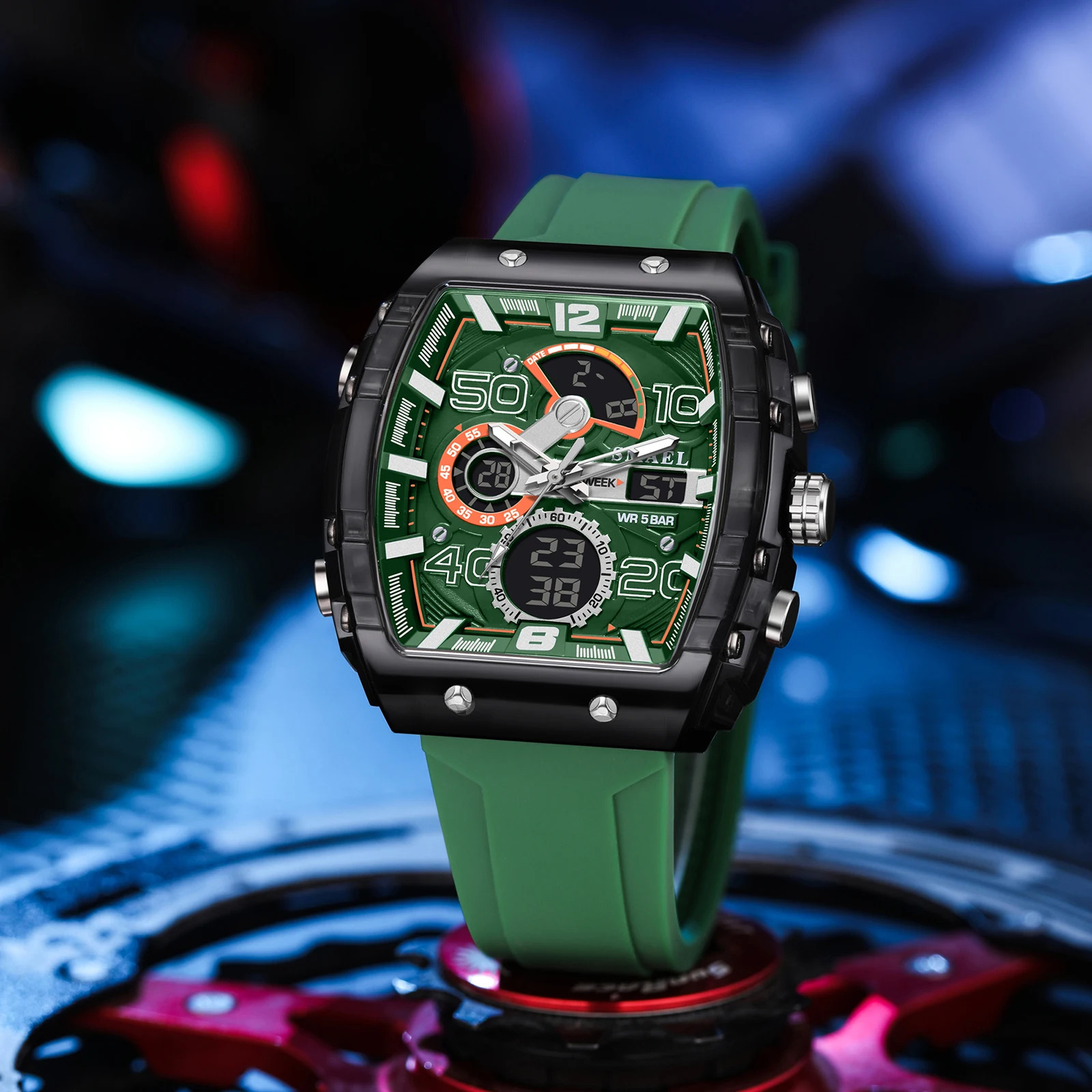 New Men’s Electronic Watch – Square Dual Display, Waterproof, Luminous, Multi-Co