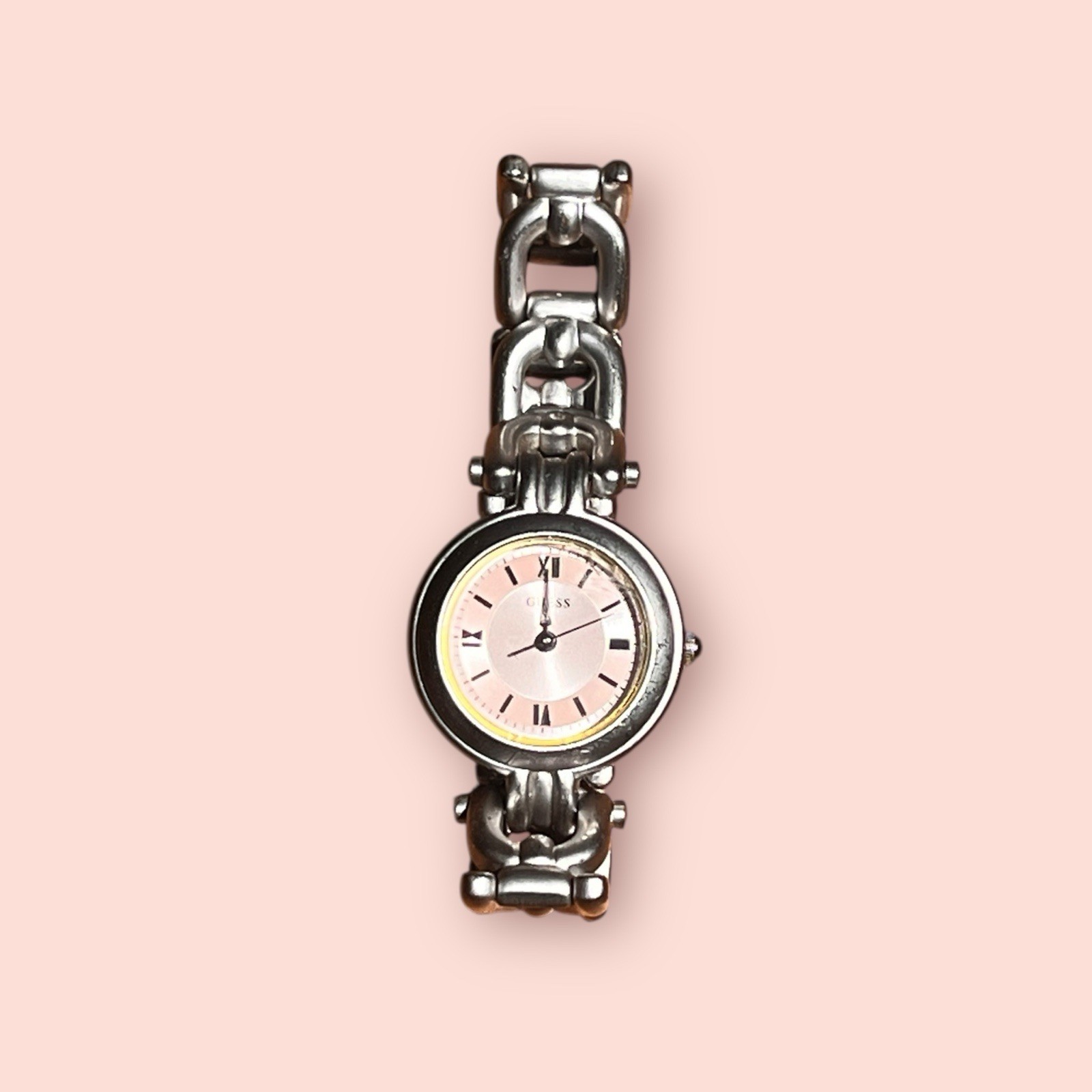 Vtg Guess Women Working Watch Pink Brushed Silver Chain Fold Over Clasp 6.75″