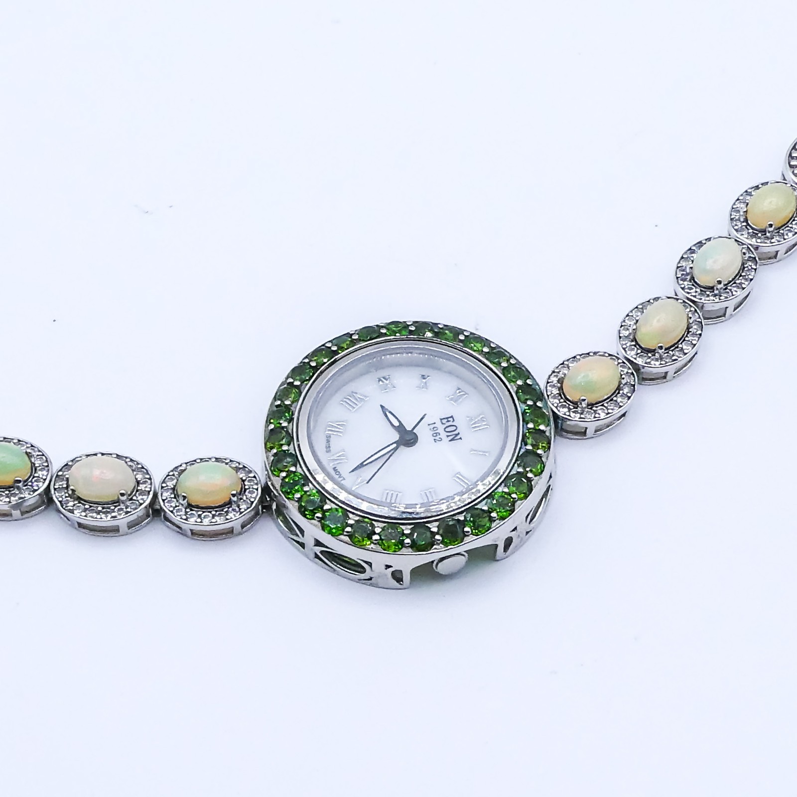 Sterling Silver Opal Halo Chrome Diopside Zircon Eon New Tennis Bracelet Watch