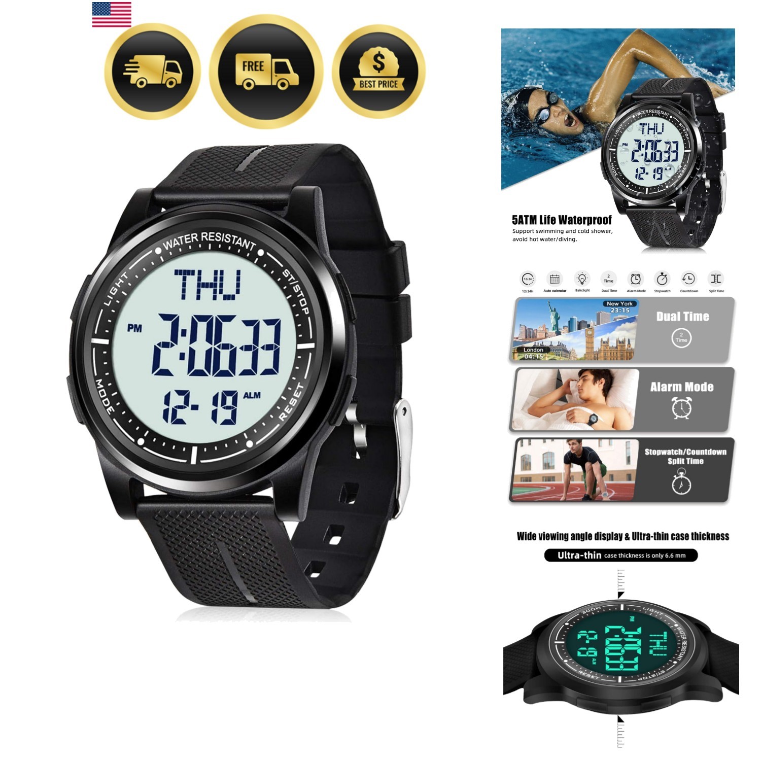 Digital Watch Waterproof with Stopwatch Alarm Countdown Dual Time for Men Women