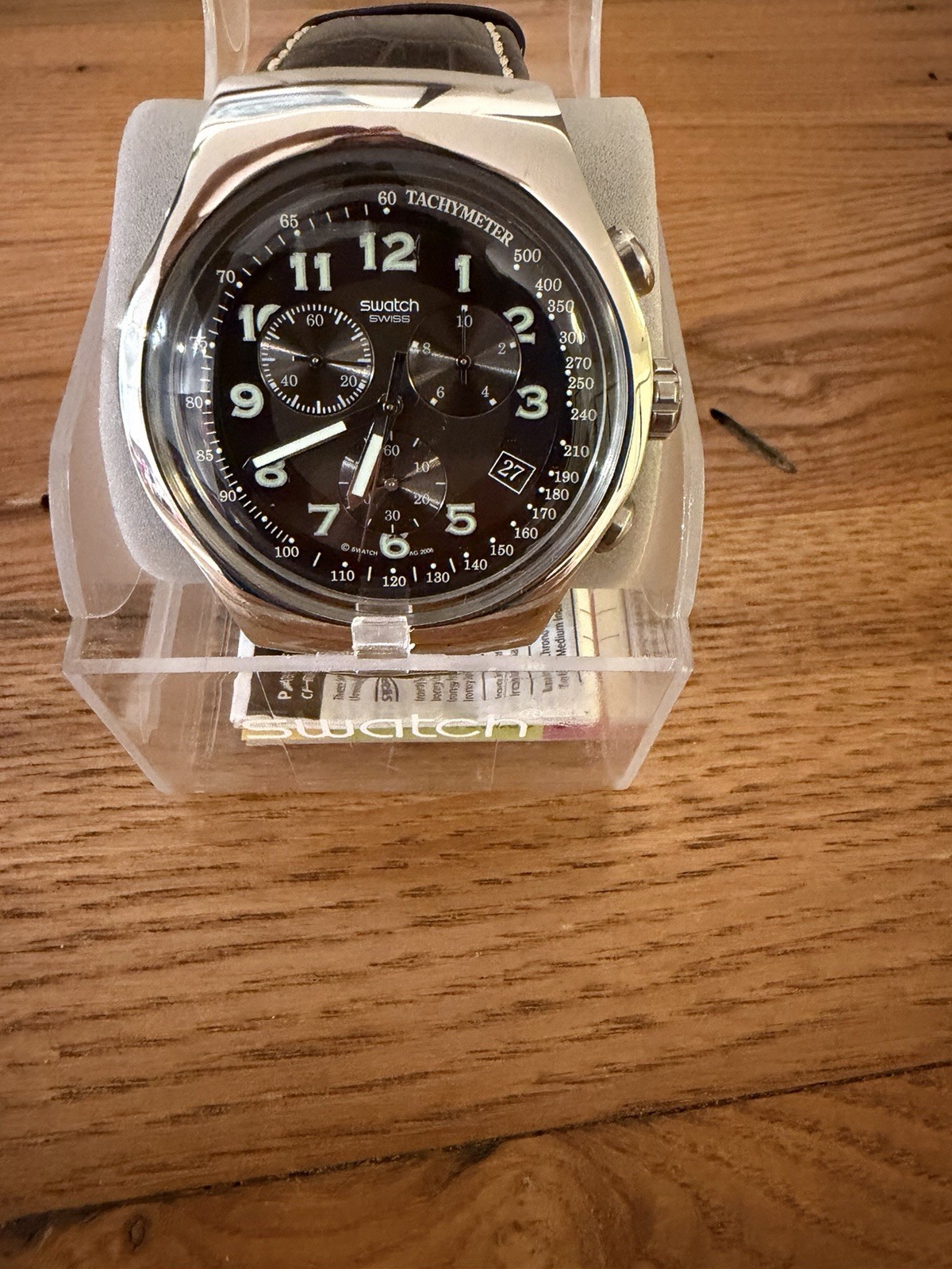 Swatch Irony Chronograph Quartz Tachymeter Date Black Dial Brown Leather