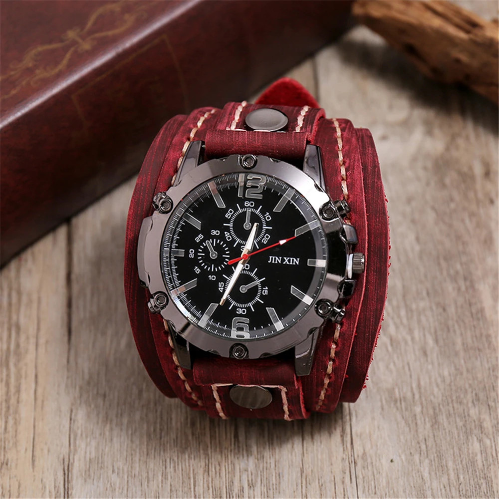 Black Brown Blue Men Pointer Quartz Watch Genuine Leather Strap Bracelet Vintage