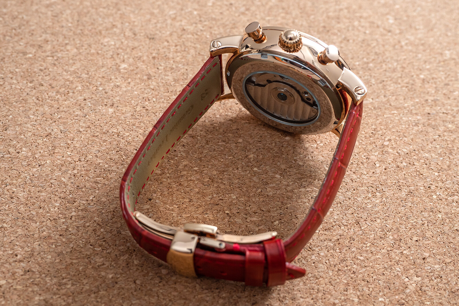 Mens Automatic Mechanical Watch Date Day Rose Gold White Red Leather Strap