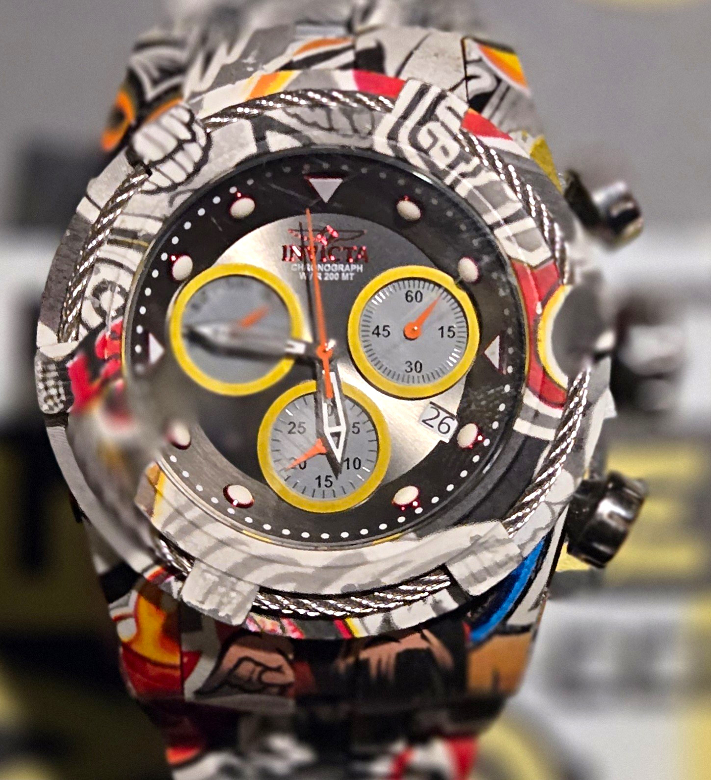 Invicta Bolt Men’s Quartz Chronograph Date Black/Silver/Yellow Dial SS 52mm 200m