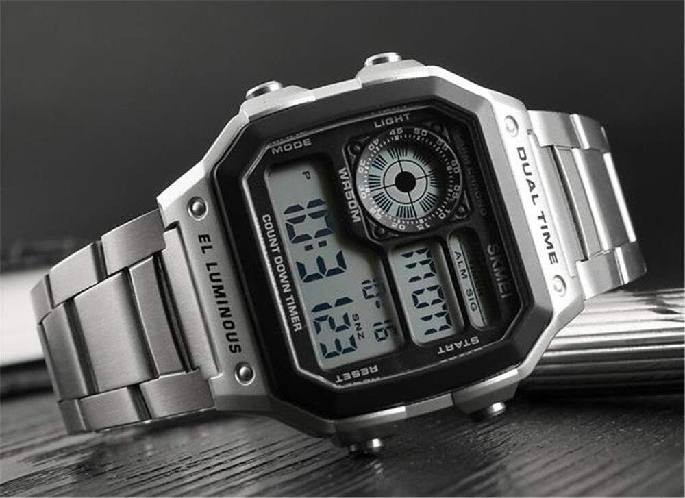 SKMEI Men Rectangle Watch LED Digital Wristwatch Gold Steel Male Alarm Watches